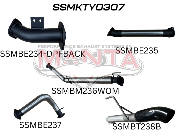 MANTA TOYOTA LANDCRUISER 300 SERIES V6 3IN DPF BACK WITHOUT MUFFLERS, BLACK 4IN TIP